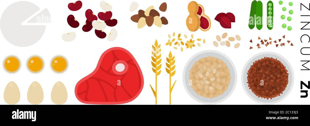 Insieme di icone piatte vettoriali per alimenti Vitamin Zincum Illustrazione Vettoriale