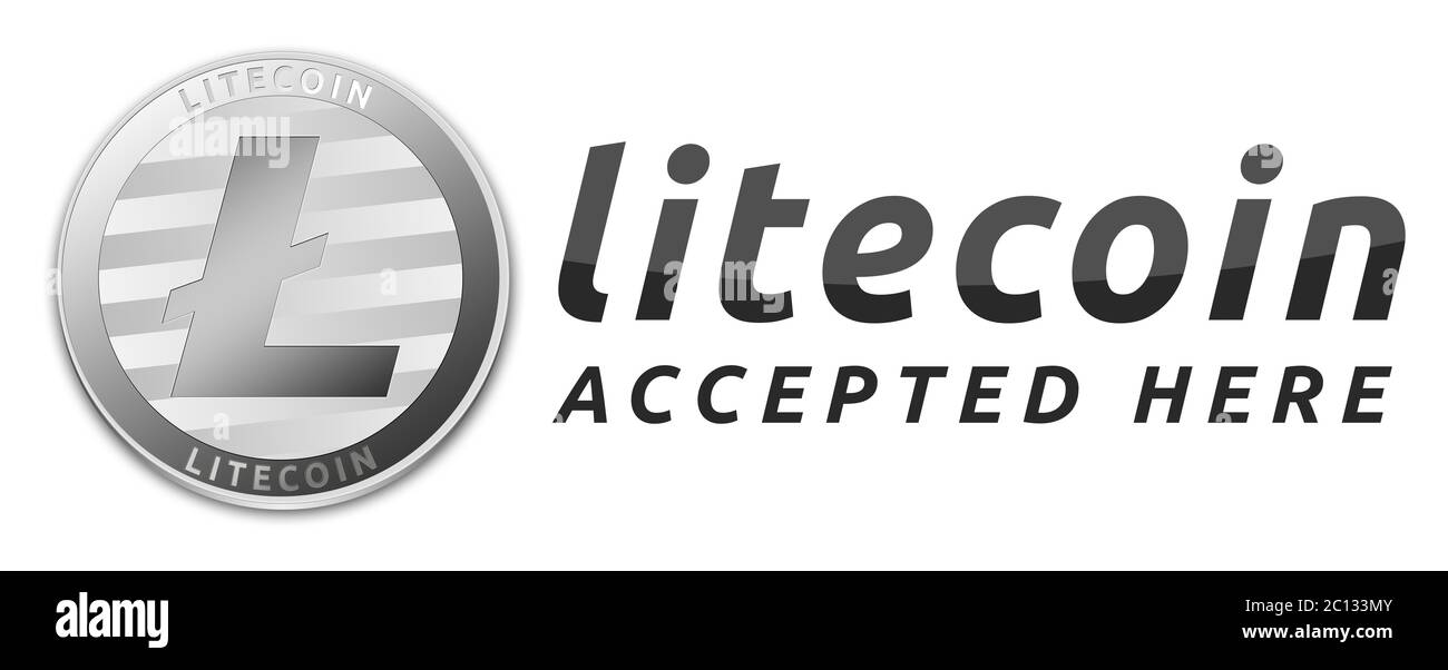 Accettiamo Litecoins. Argento litecoin moneta virtuale. Foto Stock