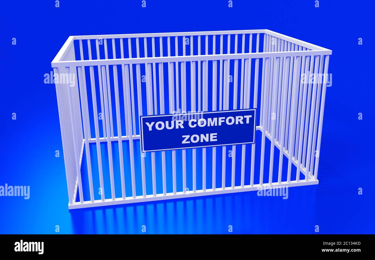 La gabbia e scrivere il testo: La vostra zona di comfort. Rendering 3D Foto Stock