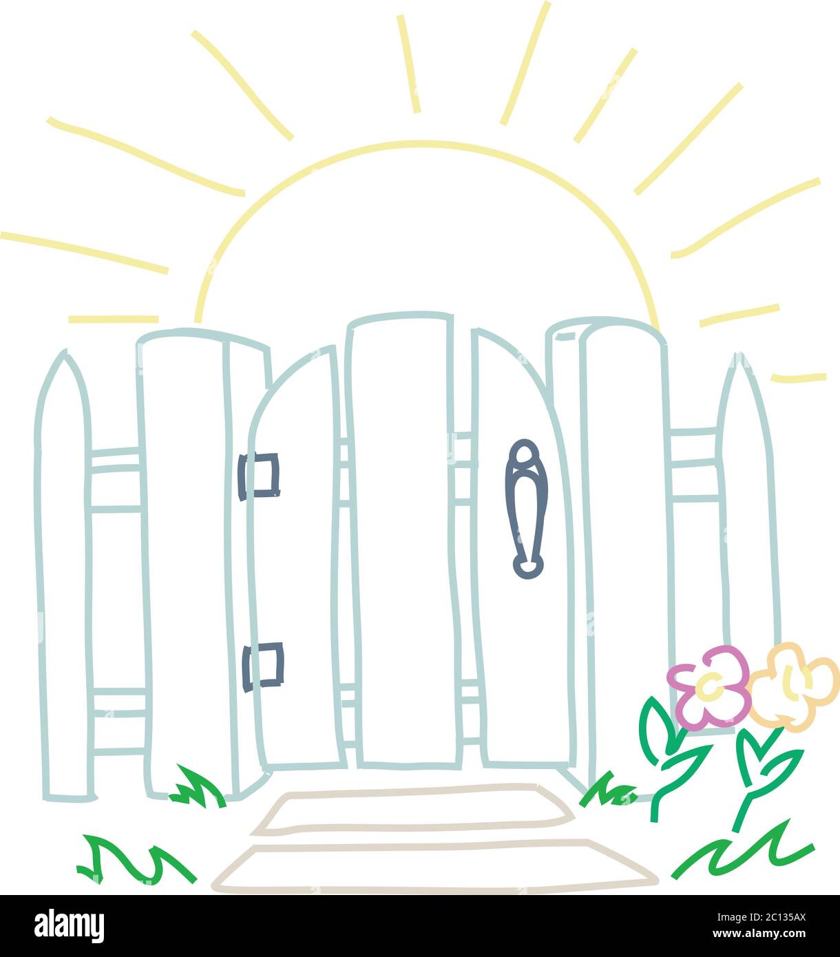 Storybook white Picket Fence con fiori e una porta bloccata. Il sole sta sorgendo dietro di essa Illustrazione Vettoriale