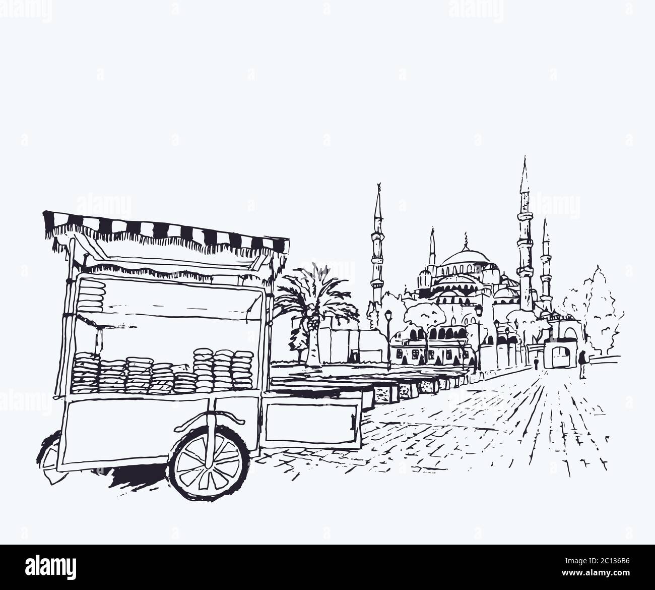 Illustrazione vettoriale digitale della Moschea Blu e del carrello del fornitore di Simit a Istanbul, Turchia. Scena artistica di stile urbano. Illustrazione Vettoriale