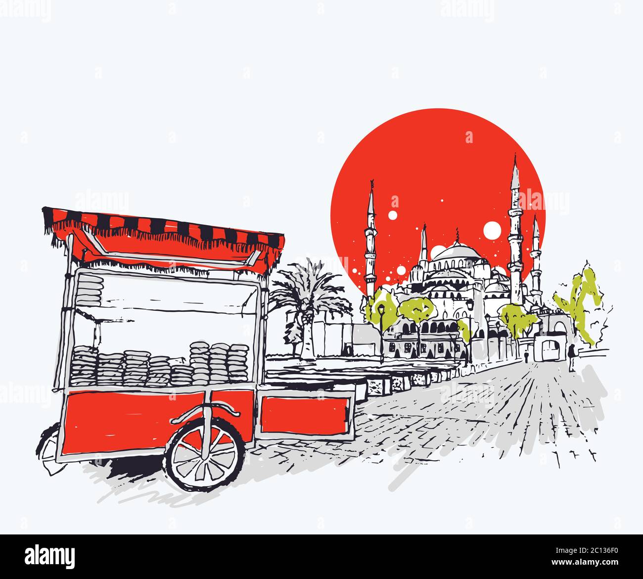 Illustrazione vettoriale digitale della Moschea Blu e del carrello del fornitore di Simit a Istanbul, Turchia. Scena artistica di stile urbano. Illustrazione Vettoriale