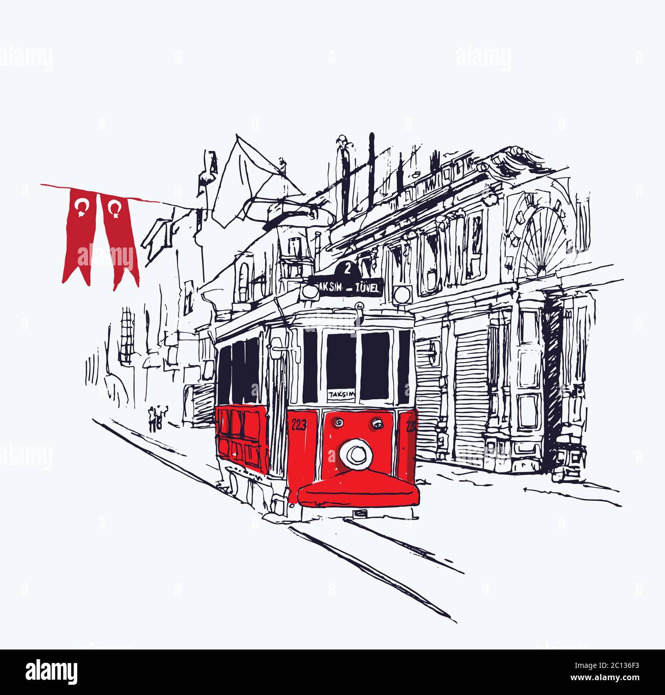 Illustrazione vettoriale digitale del nostalgico tram rosso in Istiklal Avenue, Istanbul, Turchia. Scena artistica di stile urbano. Illustrazione Vettoriale