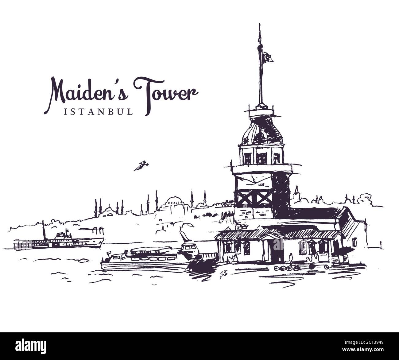 Disegno disegno illustrazione della Torre della Maiden, la torre su un isolotto nel mezzo del Bosforo, Istanbul Illustrazione Vettoriale