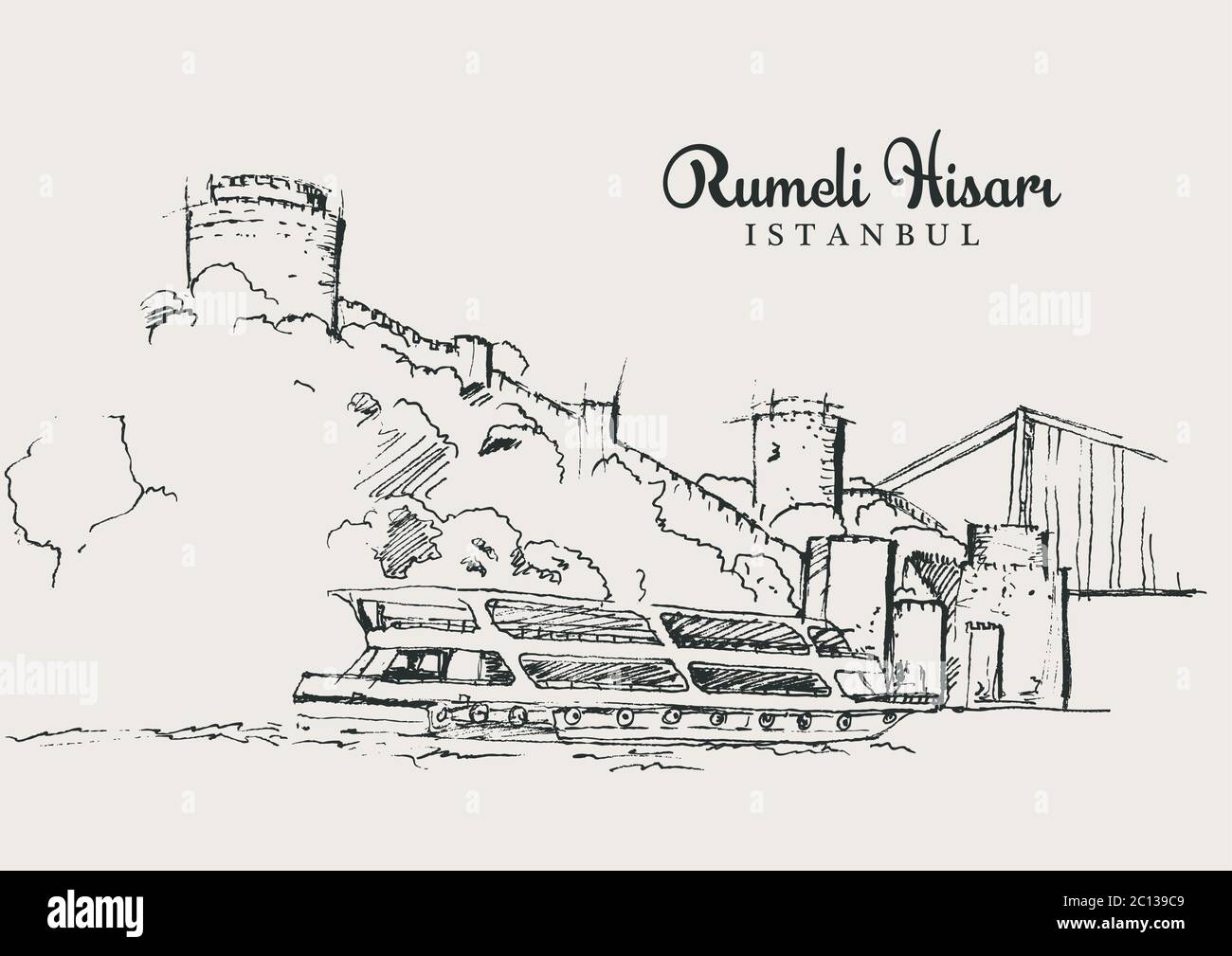Disegno illustrazione di Rumeli Hisari, il castello di Roumelian e FSM (Fatih Sultan Mehmet) Ponte a Istanbul Illustrazione Vettoriale