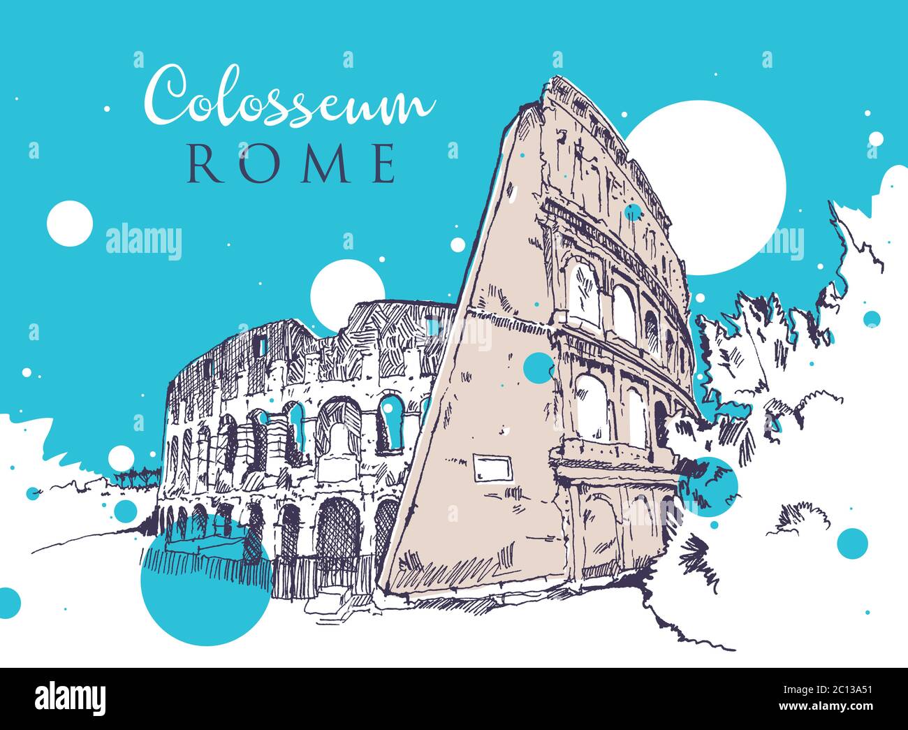 Disegno di disegno del Colosseo, l'antica arena romana, il punto di riferimento più simbolico di Roma, Italia. Illustrazione Vettoriale