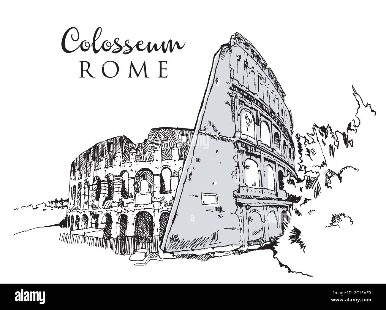 Disegno di disegno del Colosseo, l'antica arena romana, il punto di riferimento più simbolico di Roma, Italia. Illustrazione Vettoriale