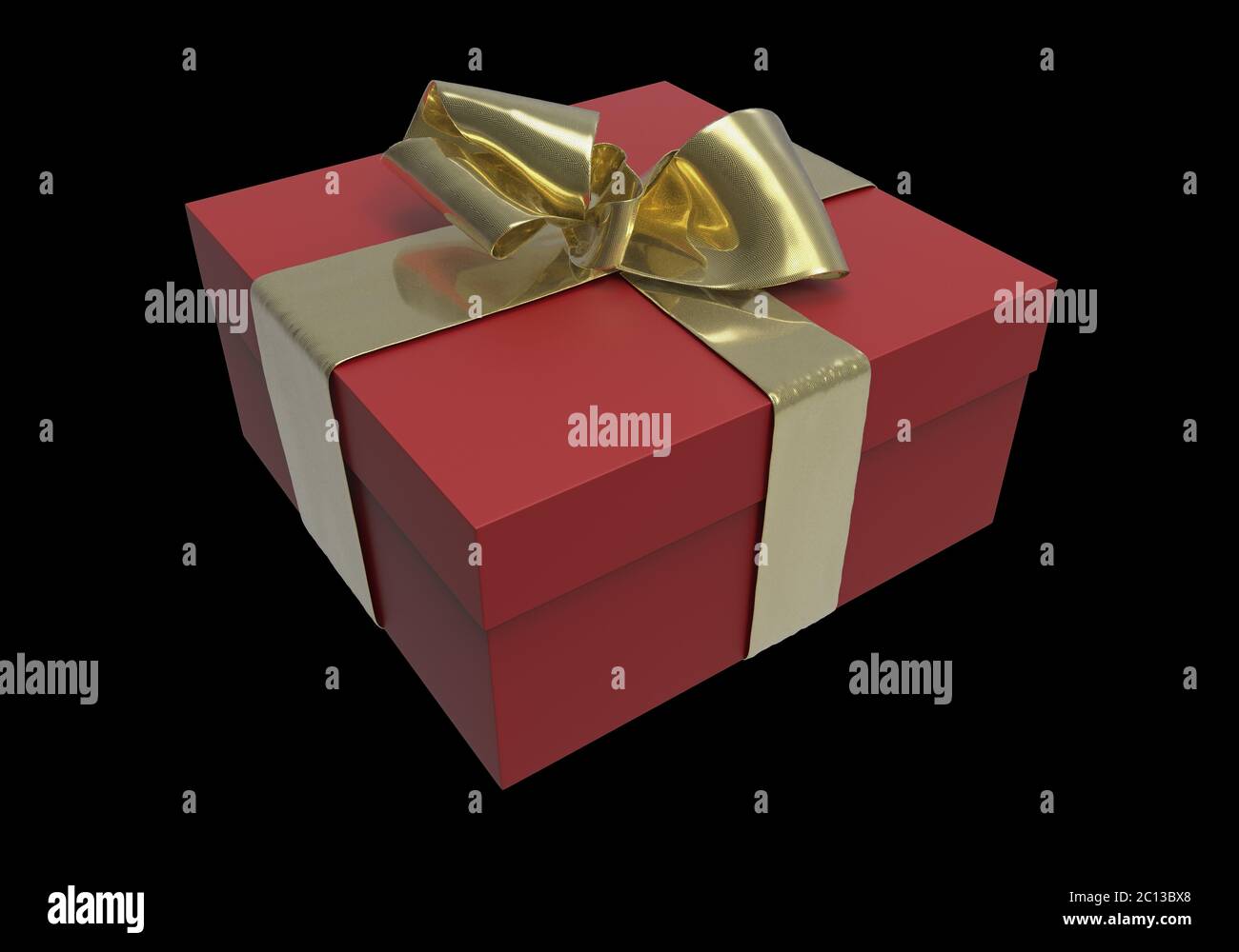 Confezione regalo rossa a righe con regali legati arco dorato su sfondo nero. illustrazione 3d Foto Stock