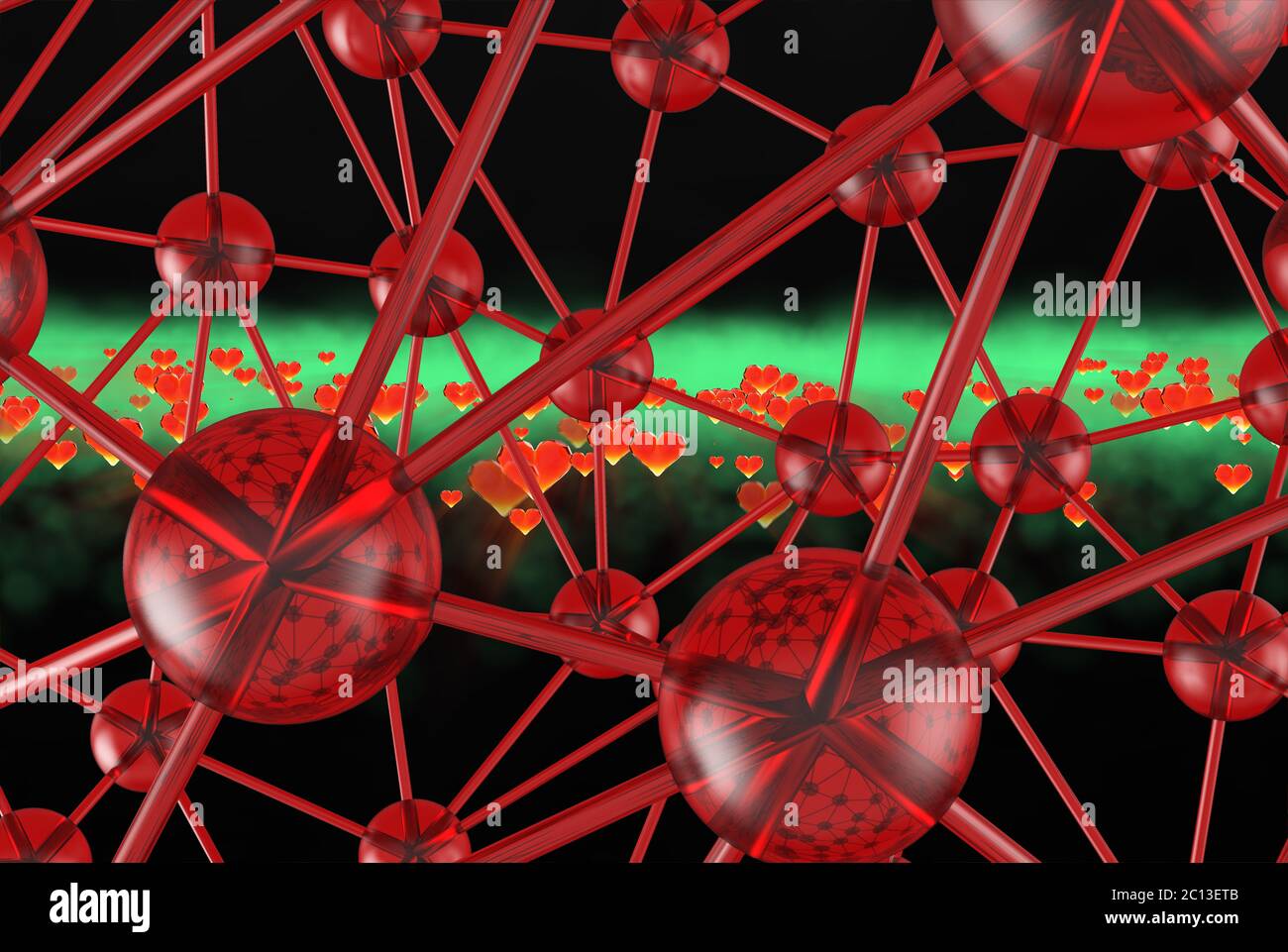Struttura astratta in vetro rosso molecolare geometrico caos. Scienza tecnologia connessione di rete hi-tech background 3d rendering il Foto Stock