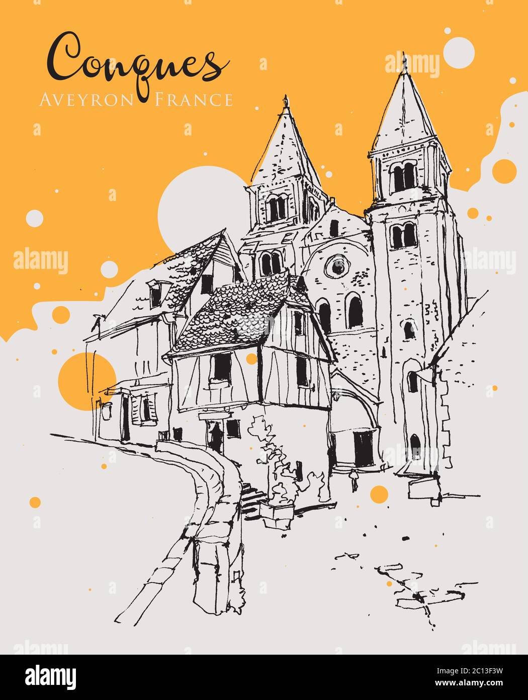 Disegno disegno illustrazione di una strada con vecchi edifici nel villaggio di Conques in Aveyron, Francia Illustrazione Vettoriale