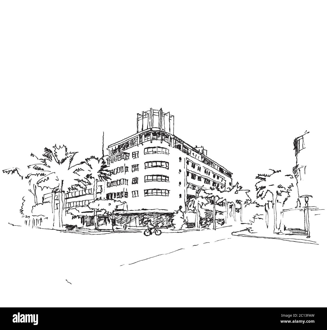 Disegno illustrazione di un angolo in Ocean Drive a Miami, Florida, USA Illustrazione Vettoriale