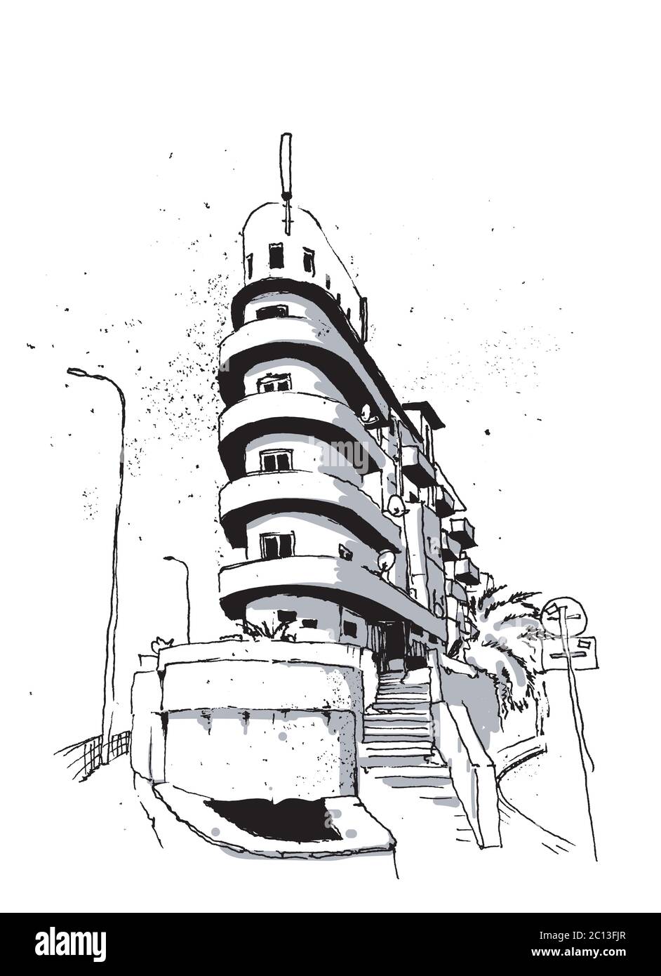 Disegno di un disegno di un angolo in Tel Aviv Streets, architettura Bauhaus con curve rotonde, lo stile architettonico caratteristico della città Illustrazione Vettoriale