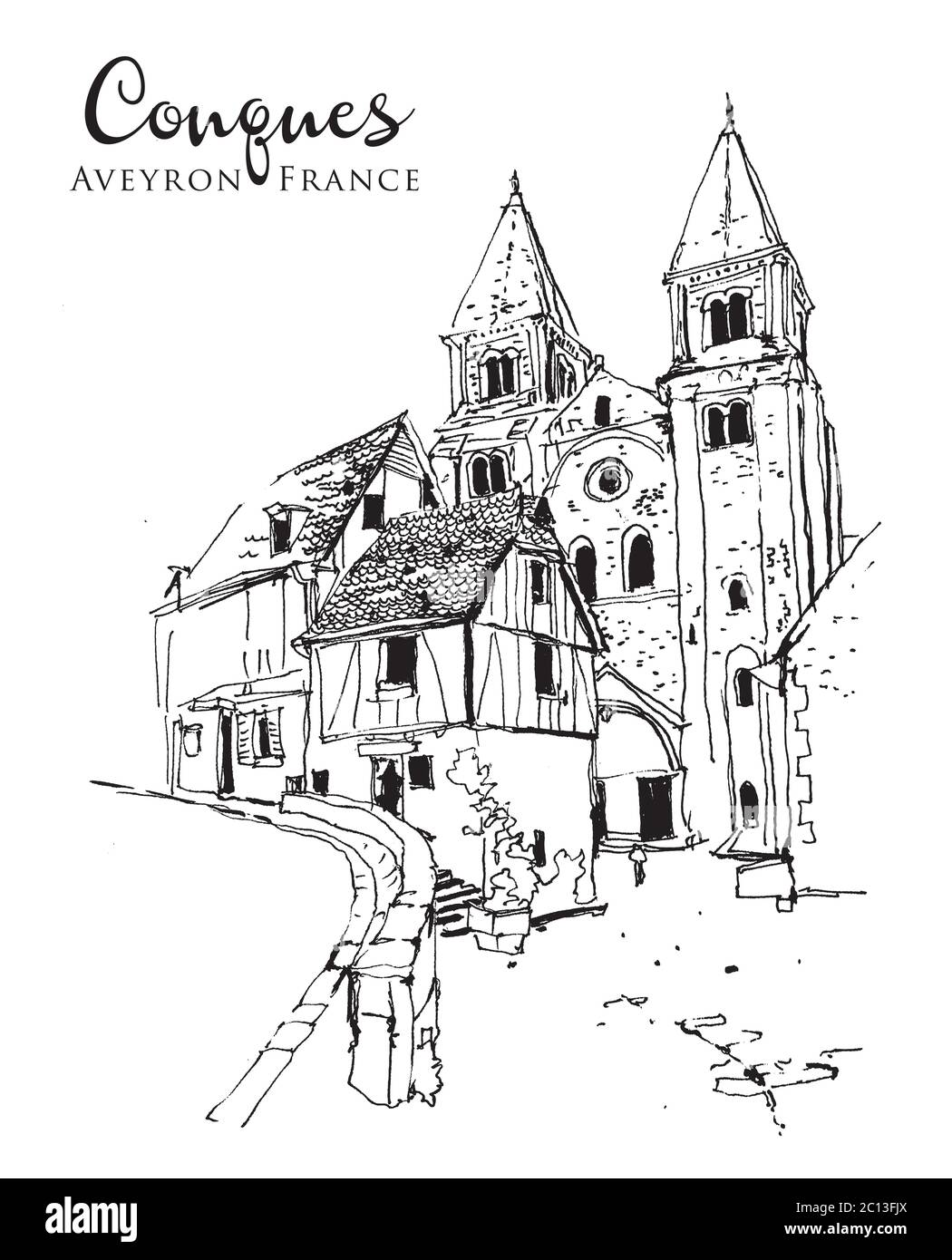 Disegno disegno illustrazione di una strada con vecchi edifici nel villaggio di Conques in Aveyron, Francia Illustrazione Vettoriale