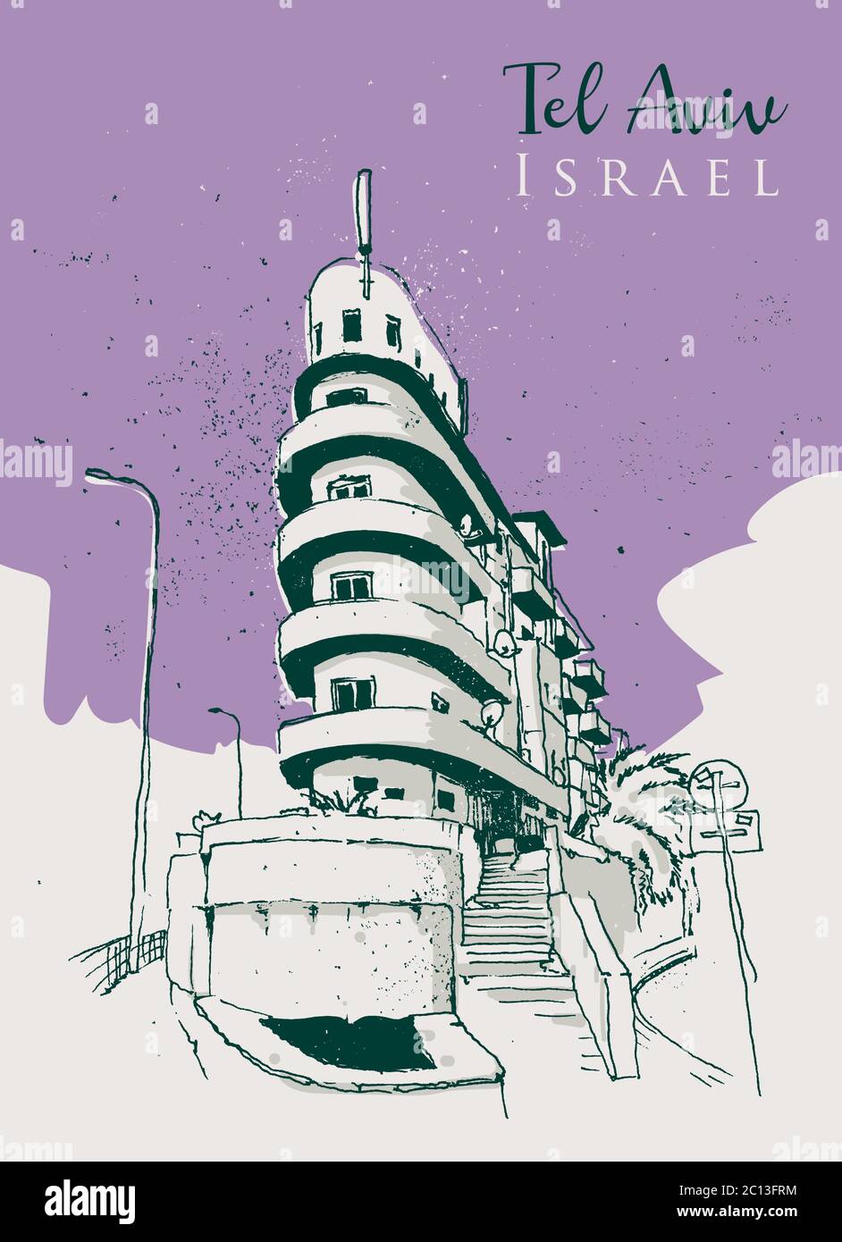 Disegno di un disegno di un angolo in Tel Aviv Streets, architettura Bauhaus con curve rotonde, lo stile architettonico caratteristico della città Illustrazione Vettoriale