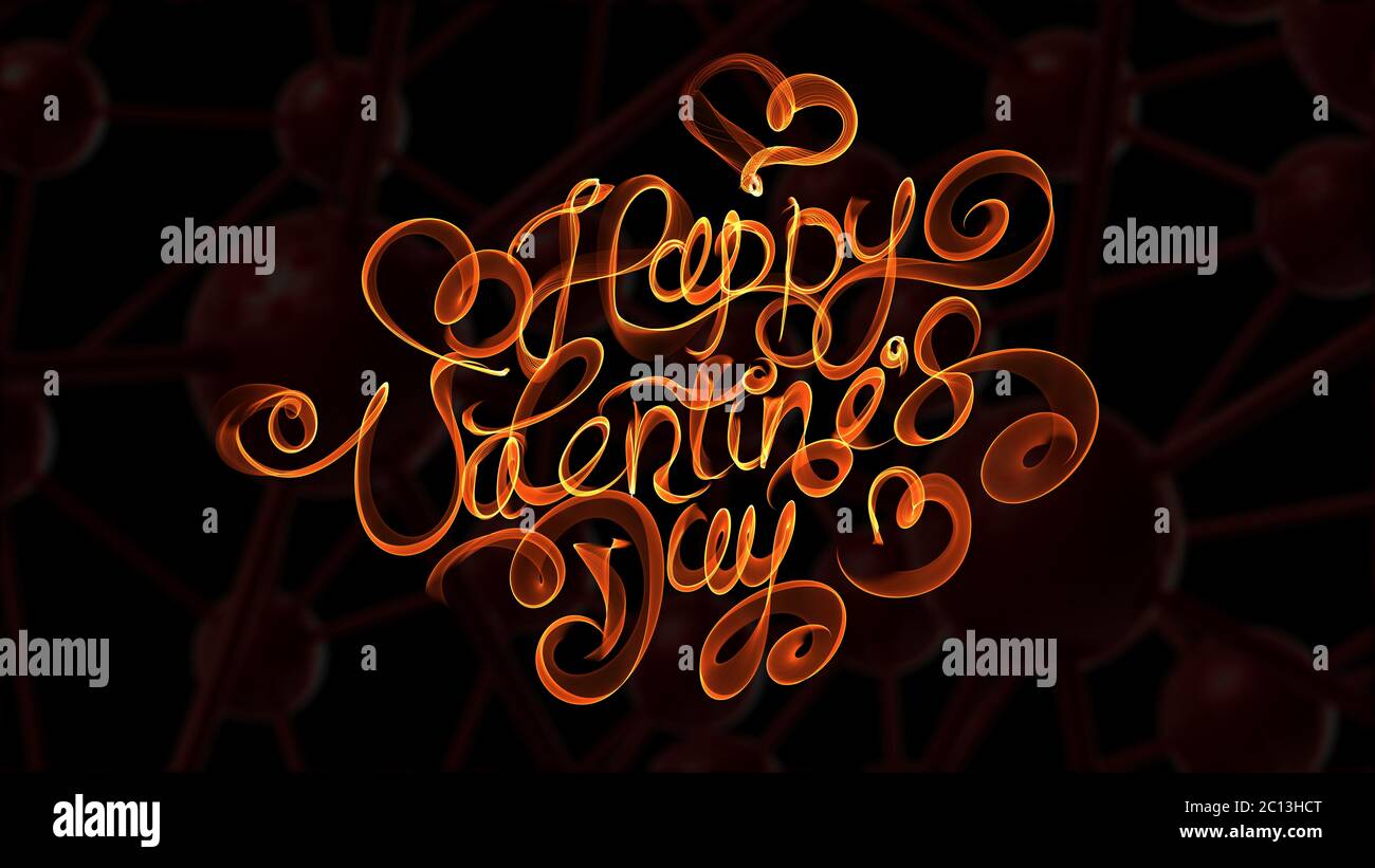 Happy San Valentino scritta vintage scritta da fuoco o fumo arancione su sfondo nero Foto Stock