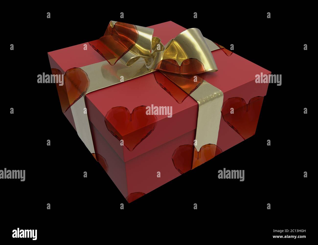 Confezione regalo rossa a righe con regali legati arco dorato su sfondo nero. illustrazione 3d Foto Stock