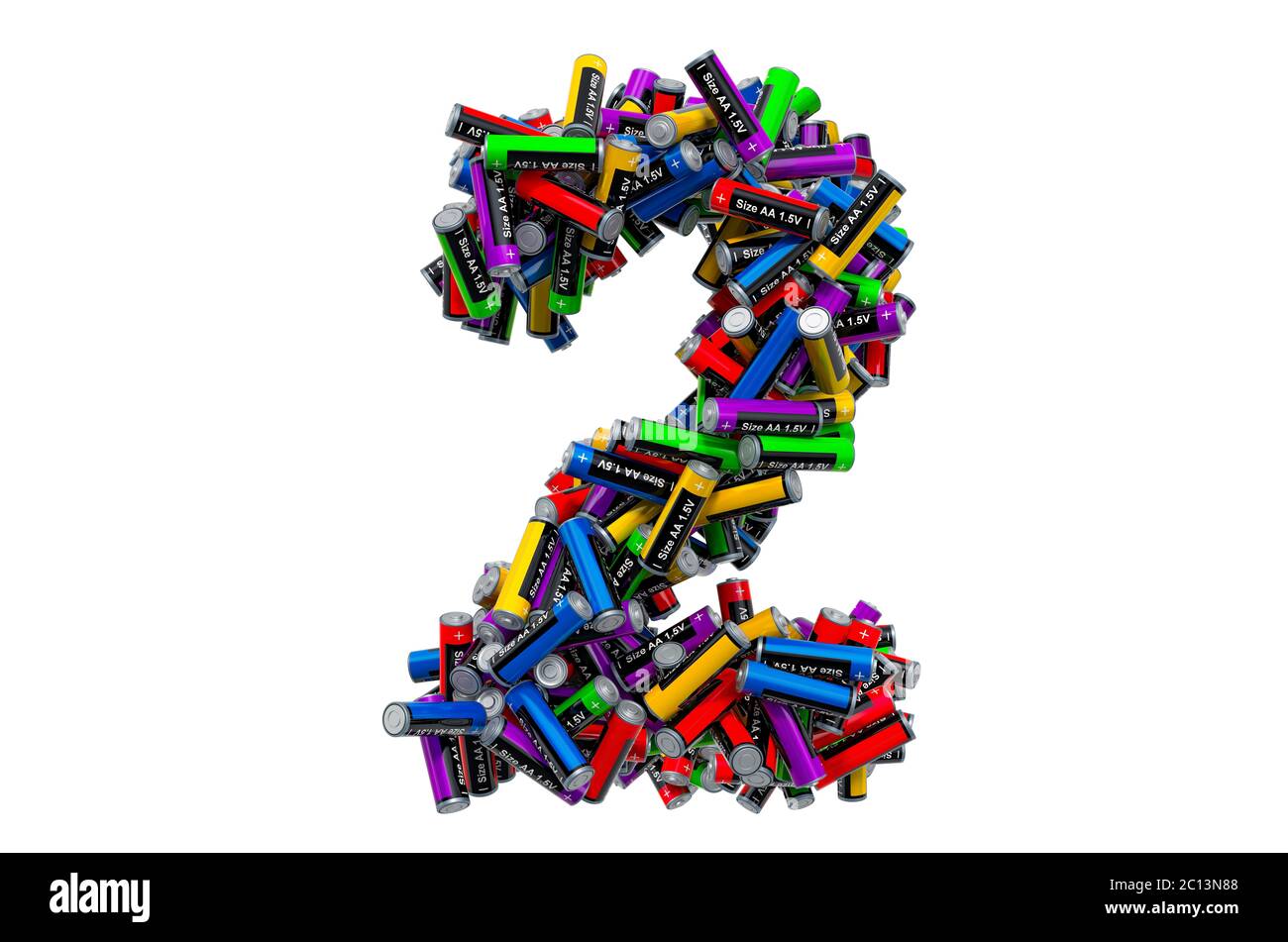 Numero 2 da batterie AA colorate, rendering 3D isolato su sfondo bianco Foto Stock