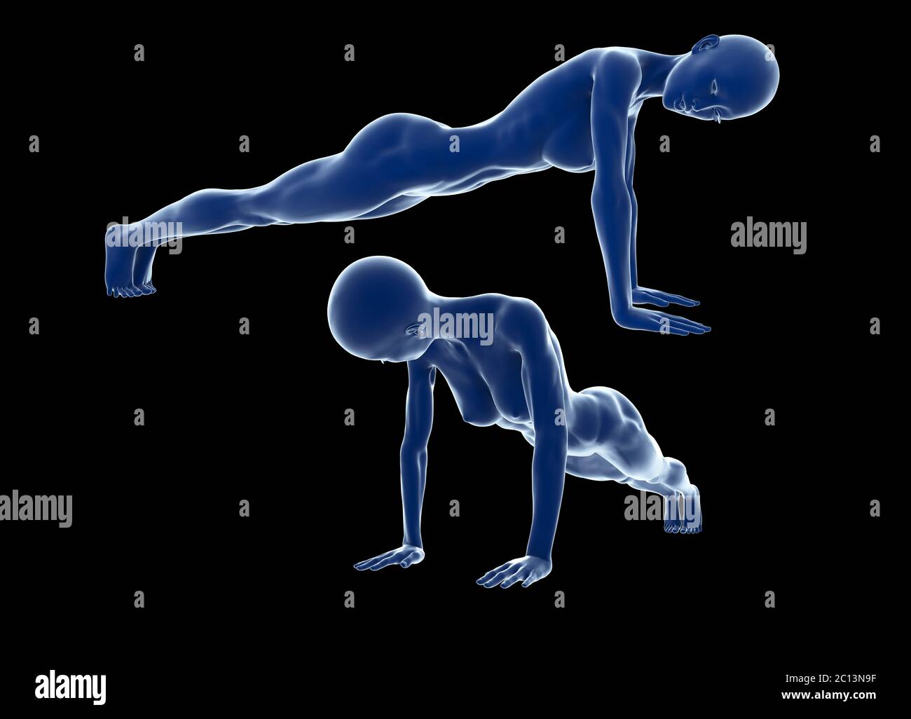 Giovane donna muscolare che fa esercizio core sul pavimento contro sfondo nero. Fit femmina ottenere pressare-up durante l'allenamento Foto Stock