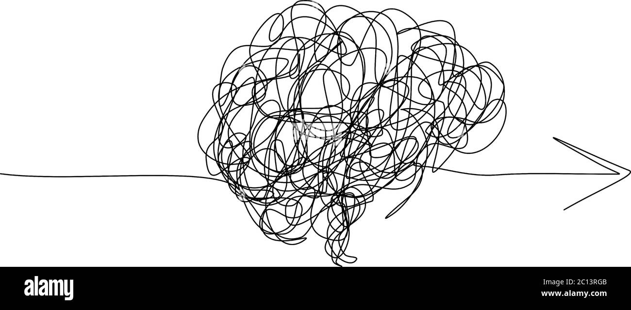 Salute mentale, sviluppo del cervello concetto di trattamento medico, linea sudicia in una forma di cervello con frecce, complicato stringa cercare di andare nella stessa ira Illustrazione Vettoriale