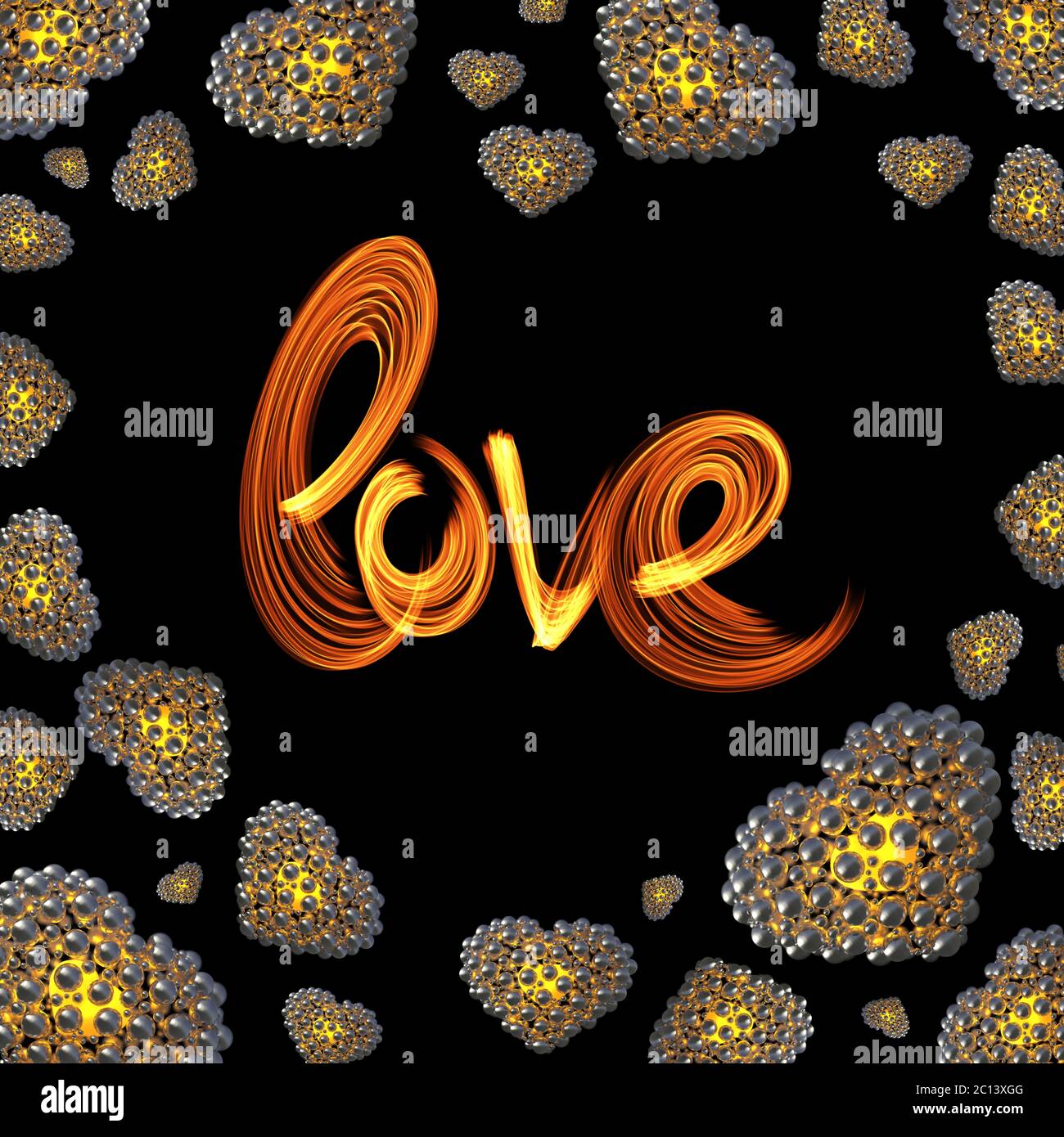Cuori in metallo d'oro fatti di sfere isolate su sfondo nero con scritta Love scritta da fuoco o fumo. Felice valentines da Foto Stock