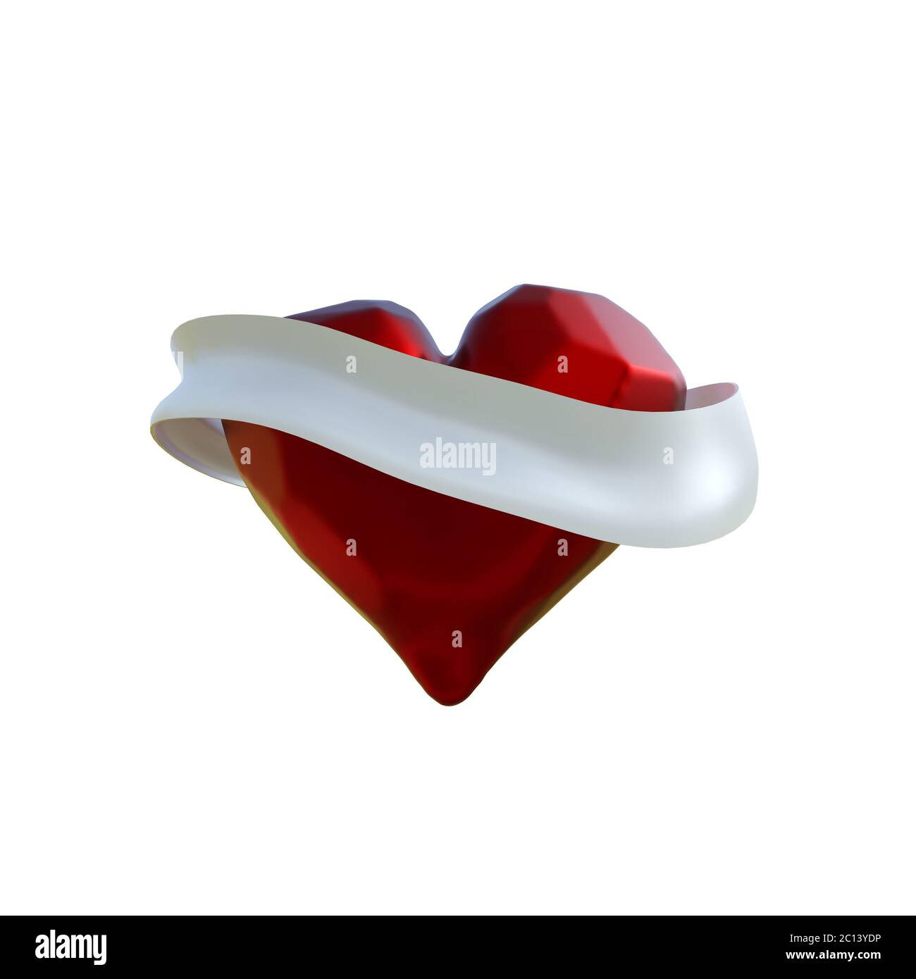 Cuore rosso tritato volante con il nastro bianco. CopySpace per l'illustrazione 3d di giorno di San Valentino Foto Stock