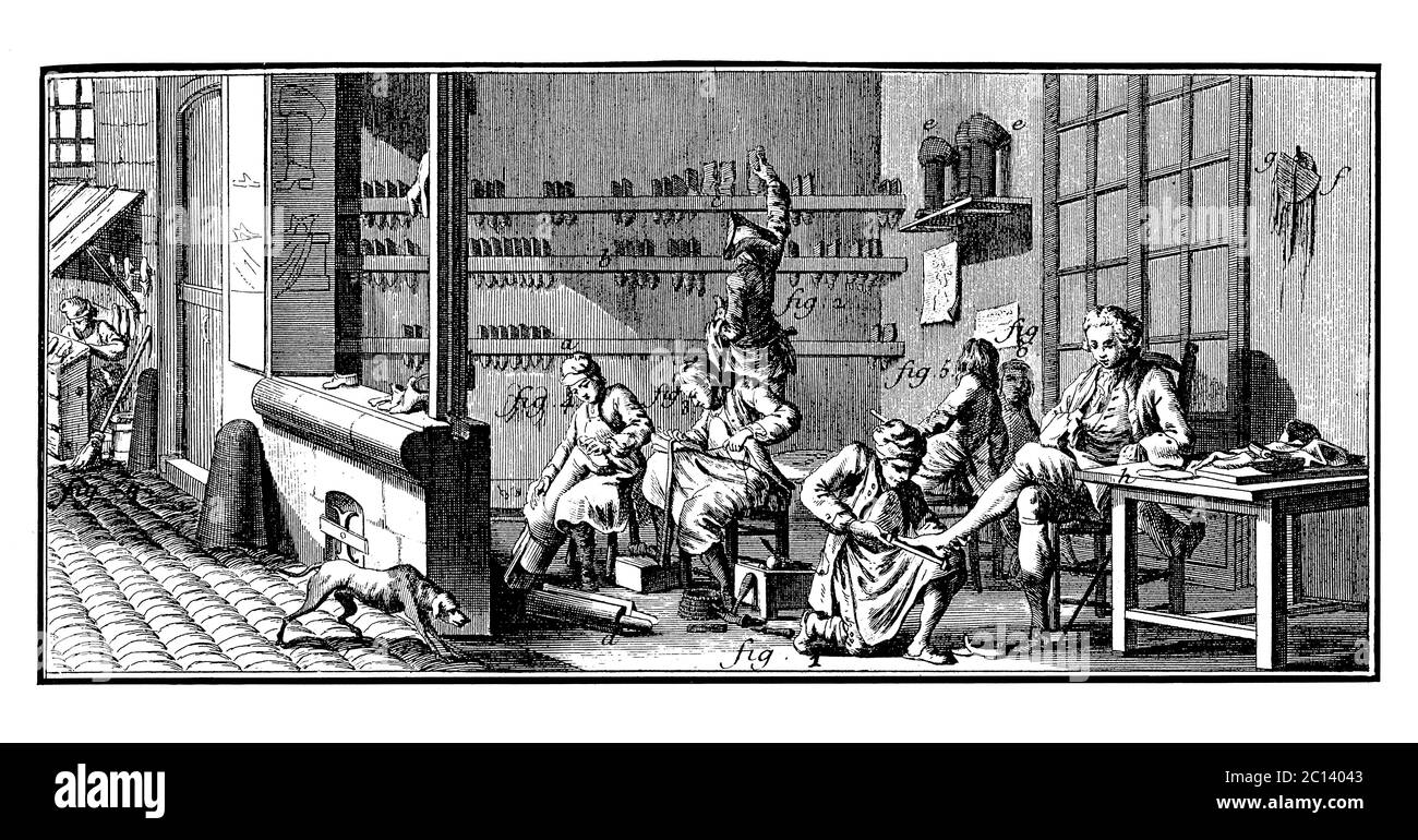 illustrazione del xviii secolo di un calzolaio. Pubblicato in 'UNA Enciclopedia pittorica Diderot di mestieri e industria. Produzione e le arti tecniche Foto Stock