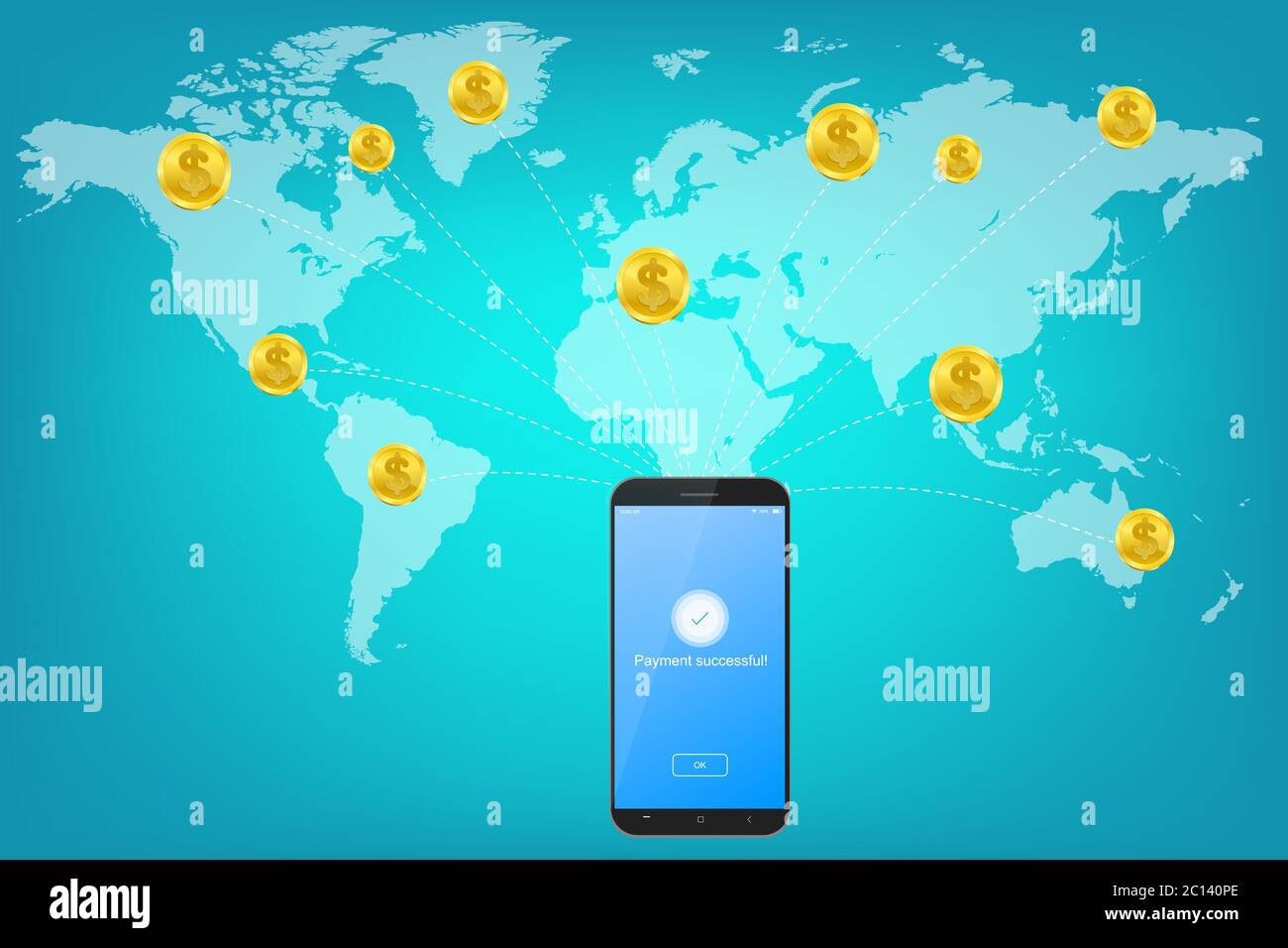 Trasferimento di denaro in tutto il mondo. Finanziare il traffico dallo smartphone alla mappa mondiale, illustrazione vettoriale Illustrazione Vettoriale