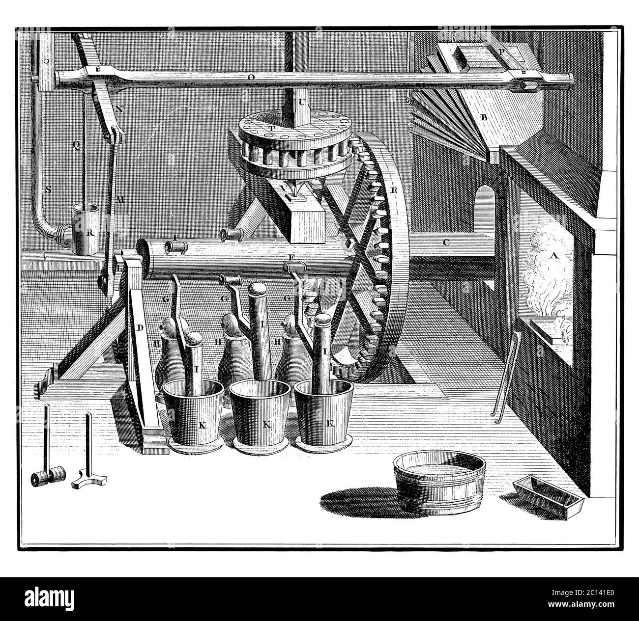 illustrazione del xviii secolo di mortaio e pestello machano costruiti sulla scala dei reguirements dell'orafo. Pubblicato in 'A Diderot Pictorial Encycl Foto Stock