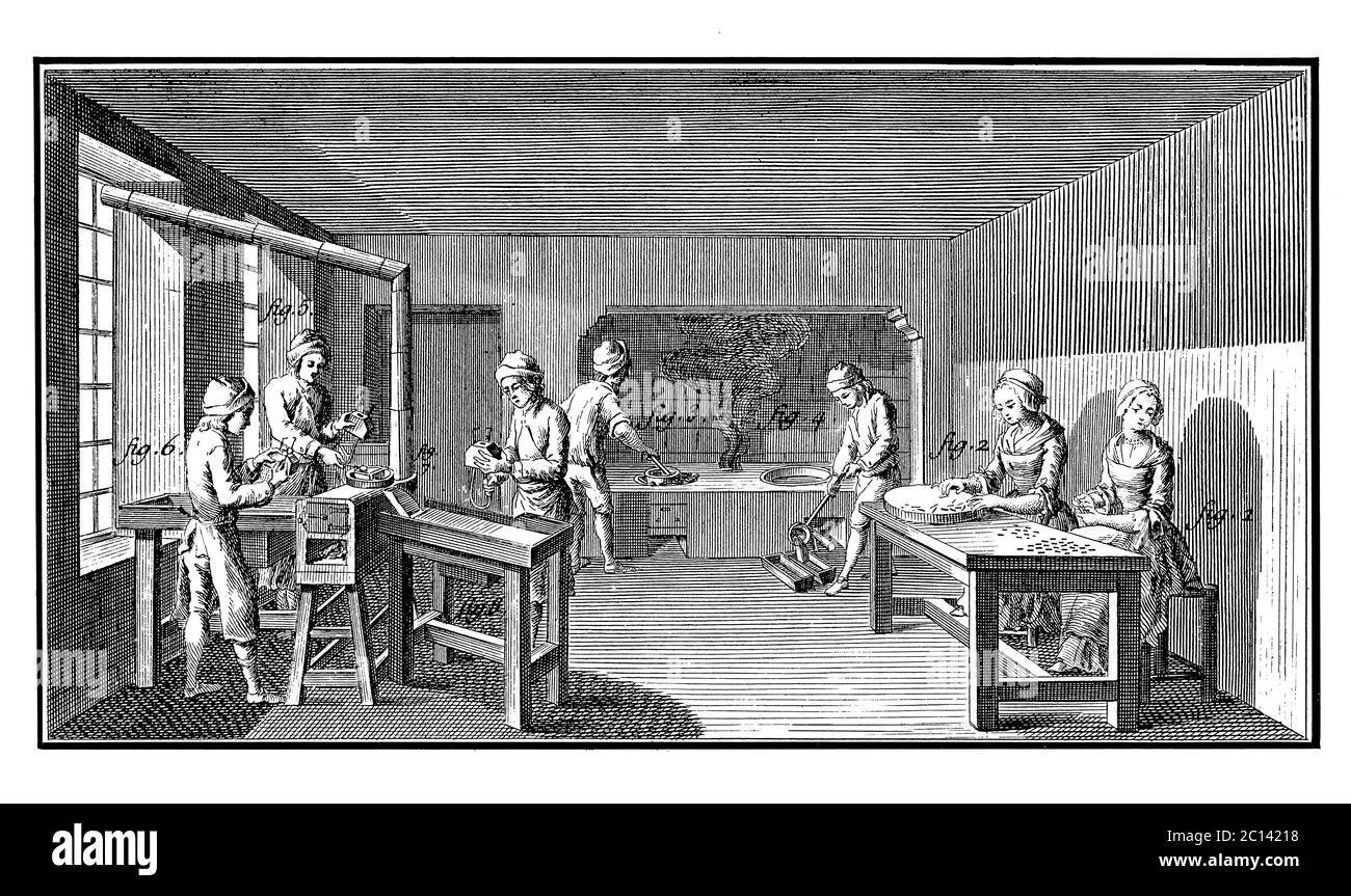illustrazione settecentesca di una prepararion di stampi per tipi di stampa. Pubblicato in 'UNA Enciclopedia pittorica Diderot di mestieri e industria. Ma Foto Stock