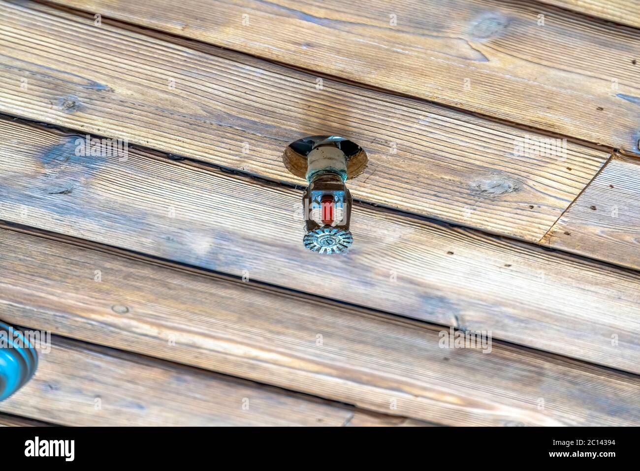 Testa sprinkler antincendio installata sul soffitto di legno marrone di un edificio o di una casa Foto Stock