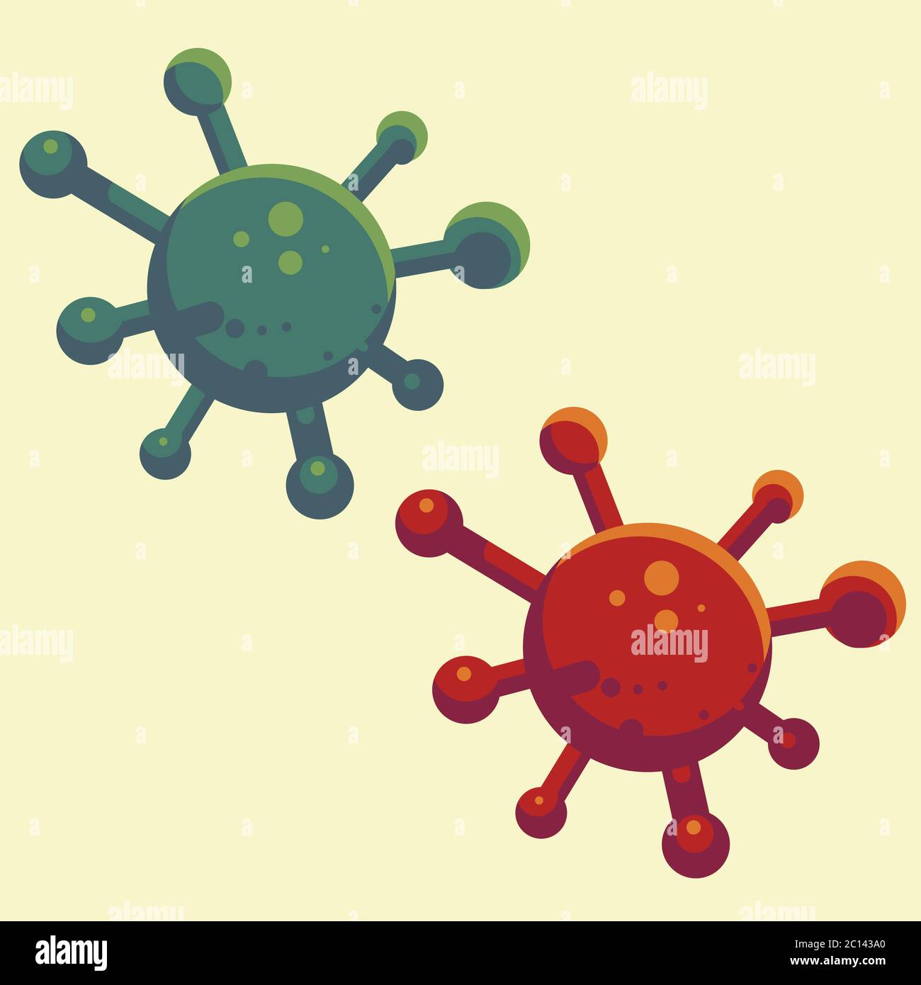 Illustrazione del vettore del virus corona. Virus verde e virus rosso. Design piatto Illustrazione Vettoriale