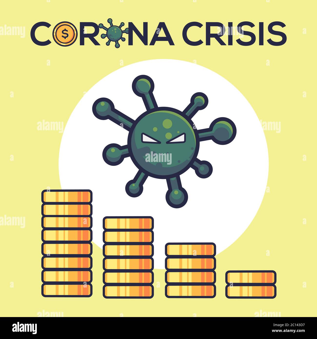 Virus e monete. Illustrazione del vettore di crisi corona. Stile cartoon piatto Illustrazione Vettoriale