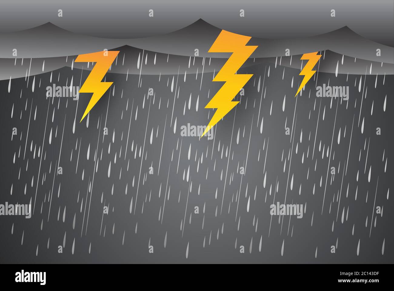 Pioggia e tempesta con fulmine tuono, cielo nero meteo, disastro naturale, vettore design. Illustrazione Vettoriale