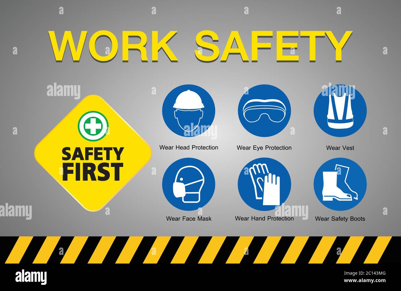 sicurezza sul lavoro, attrezzature di sicurezza, concetto di costruzione, applicazioni industriali progettazione vettoriale. Illustrazione Vettoriale