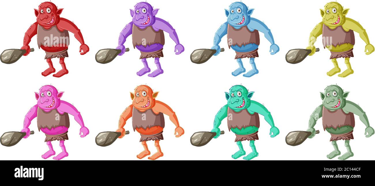 Set di goblin colorato o troll che tiene strumento di caccia con faccia di  Scoda in cartoon personaggio illustrazione isolata Immagine e Vettoriale -  Alamy