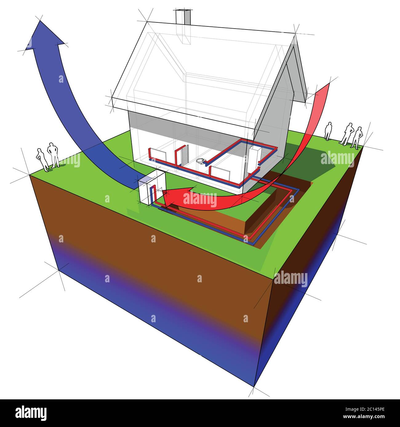 illustrazione 3d di una semplice casa indipendente con pompa di calore a sorgente d'aria come fonte di energia per il riscaldamento Illustrazione Vettoriale