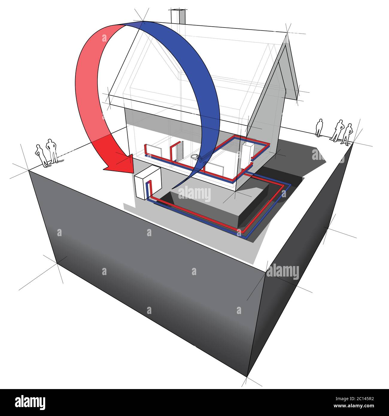 illustrazione 3d di una semplice casa indipendente con diagramma della pompa di calore della sorgente d'aria come fonte di energia per il riscaldamento Illustrazione Vettoriale