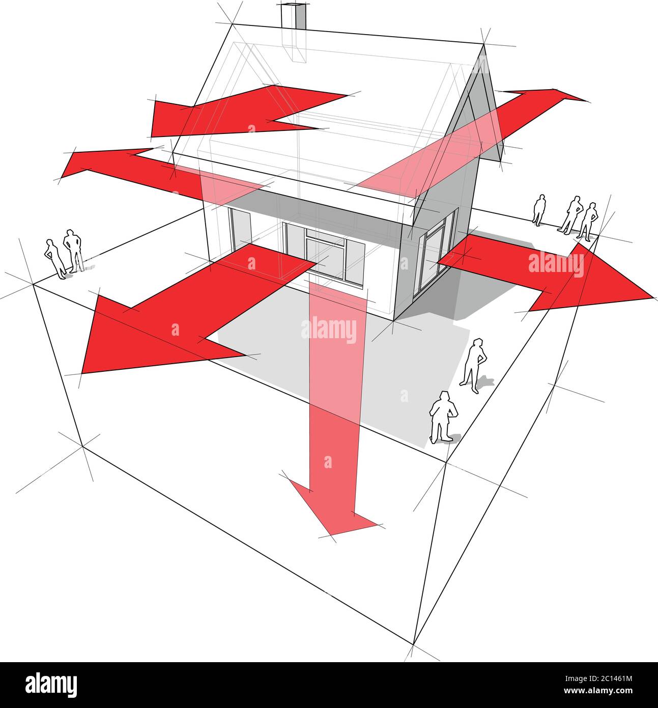 Schema di una casa indipendente che mostra i modi in cui il calore viene perso attraverso la costruzione (attraverso le pareti, porta/finestre, tetto, terra) Illustrazione Vettoriale