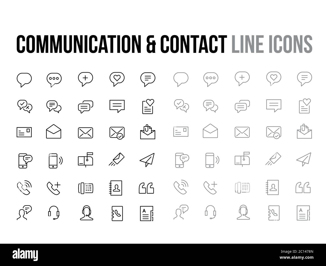 Supporto clienti, contatto, messaggistica, icona della linea sottile del vettore di comunicazione - app e Web mobile reattivo Illustrazione Vettoriale