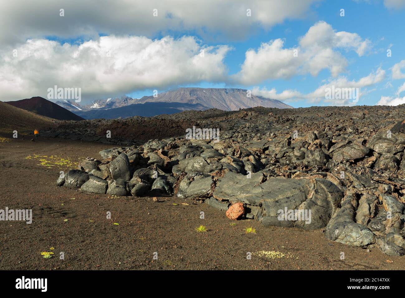 Campo di lava al vulcano Tolbachik, dopo l'eruzione nel 2012 sullo sfondo Plosky Tolbachik vulcano, Klyuchevskaya Gruppo di vulcani Foto Stock