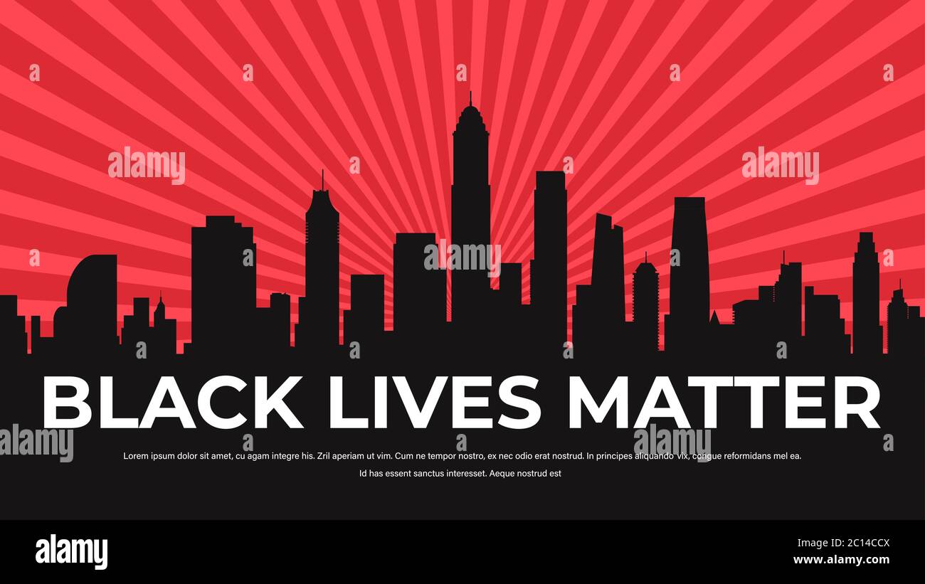 black lives materia banner campagna di sensibilizzazione contro la discriminazione razziale di colore scuro pelle sostegno per pari diritti di nero persone cityscape sfondo orizzontale illustrazione vettoriale Illustrazione Vettoriale