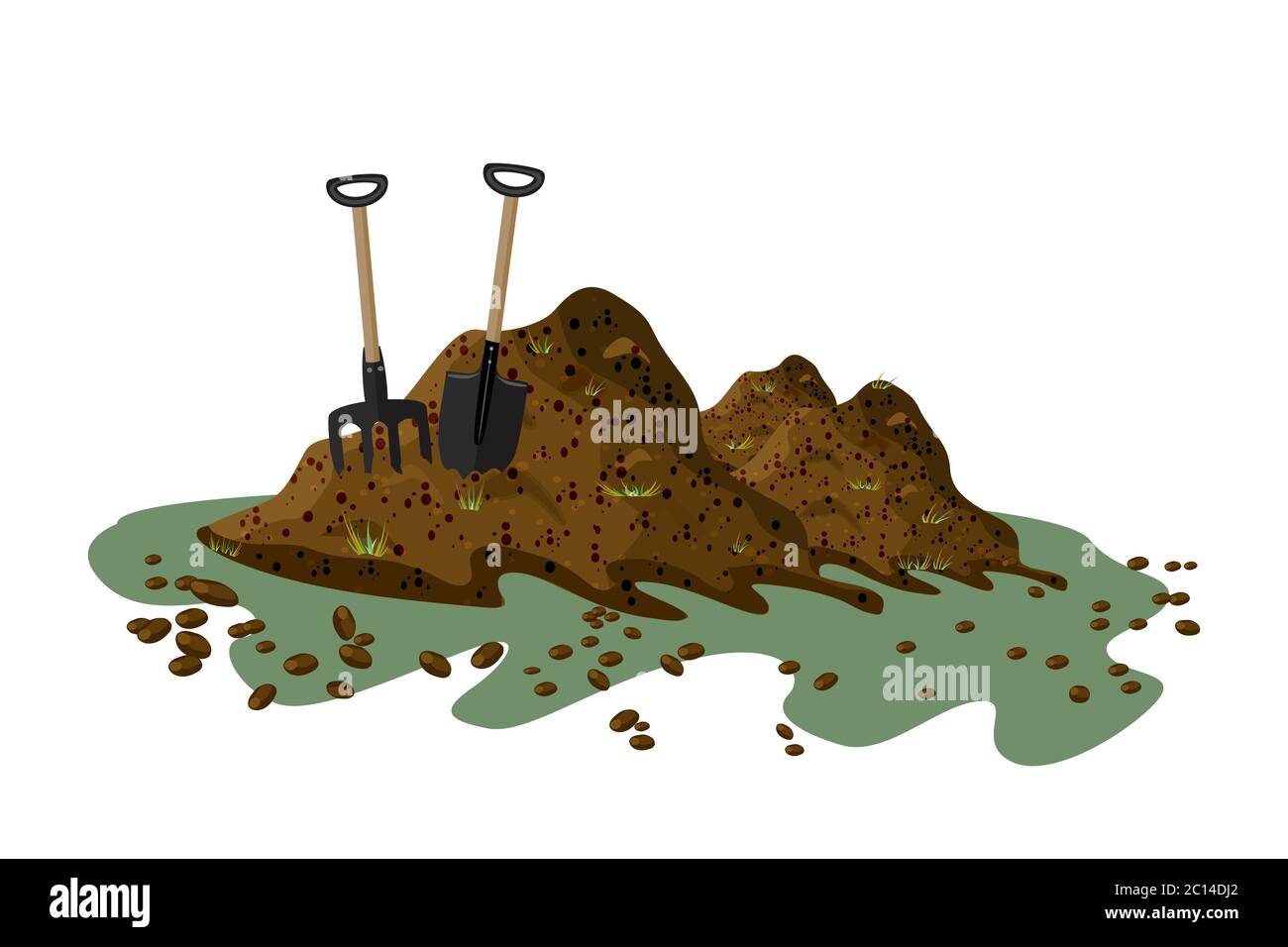 Pila di terreno isolato su sfondo bianco. Forchetta e pala in un mucchio di terreno. Cumulo di substrato, humus, fertilizzante, composto. Zero sprechi. Vettore Illustrazione Vettoriale