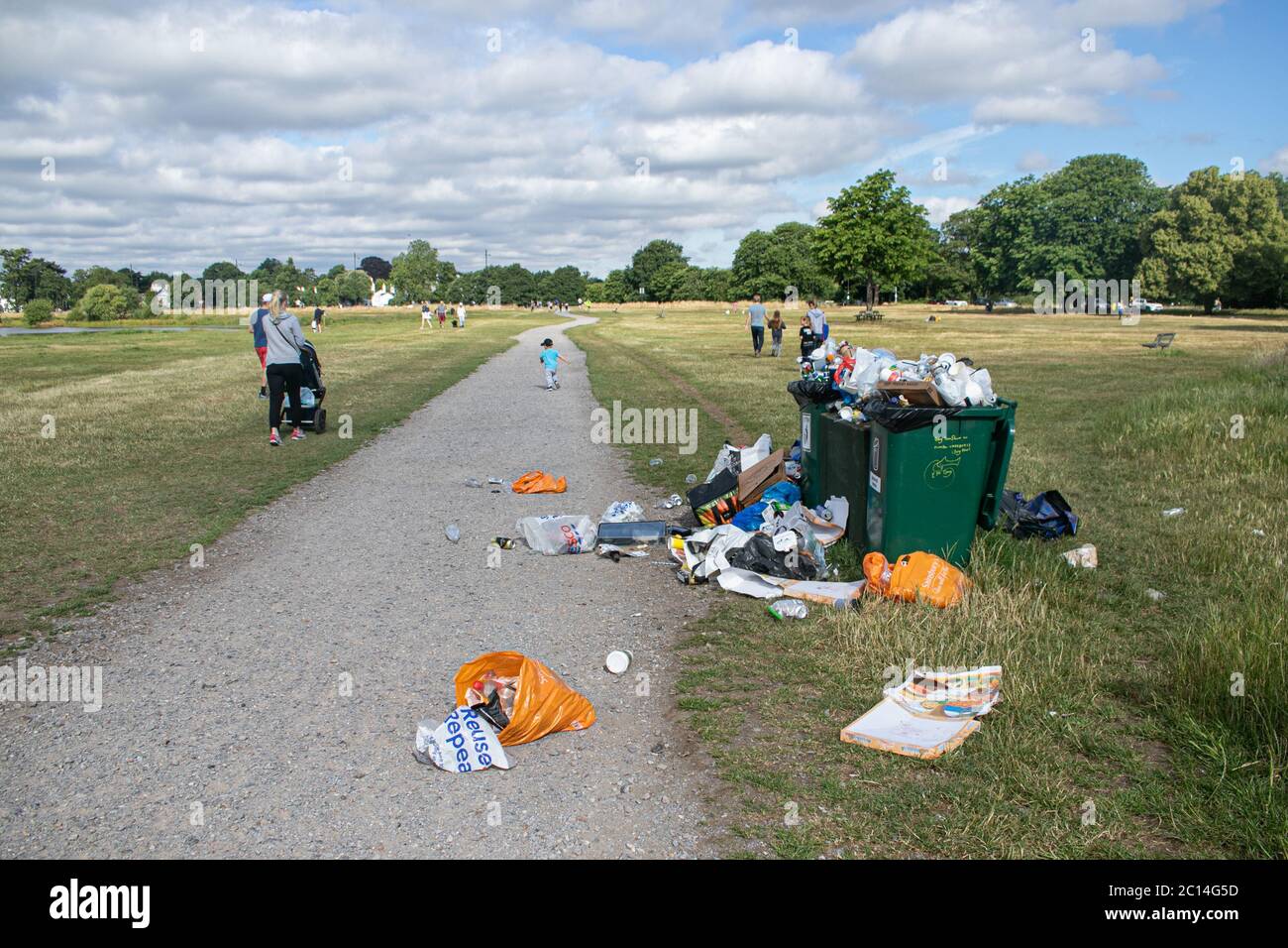 WIMBLEDON LONDRA, REGNO UNITO. 14 giugno 2020. I bidoni dei rifiuti sono riempiti con molti articoli di spazzatura su Wimbledon Common, tra cui sacchetti di plastica, scatole di pizza vuote, bottiglie di birra e lattine lasciate dietro, mentre la gente approfitta del tempo caldo all'aperto durante l'allentamento del coronavirus blocco. Credit: amer Ghazzal/Alamy Live News Foto Stock