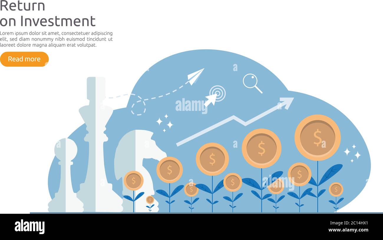 ROI dell'investimento di ritorno o concetto di finanza di affari di crescita. Aumento di profitto che allunga in su. Vettore di stile piatto illustrazione dei dati di mercato Illustrazione Vettoriale