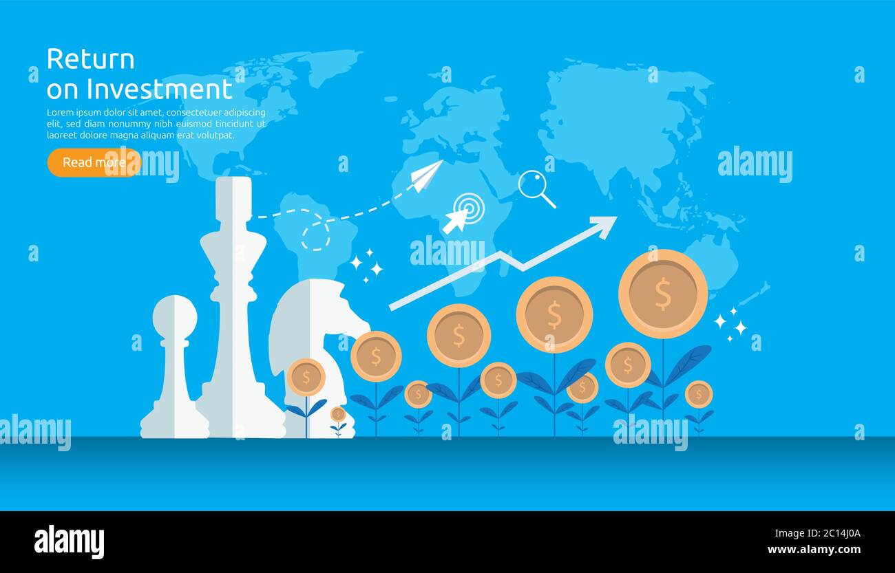 ROI dell'investimento di ritorno o concetto di finanza di affari di crescita. Aumento di profitto che allunga in su. Vettore di stile piatto illustrazione dei dati di mercato Illustrazione Vettoriale