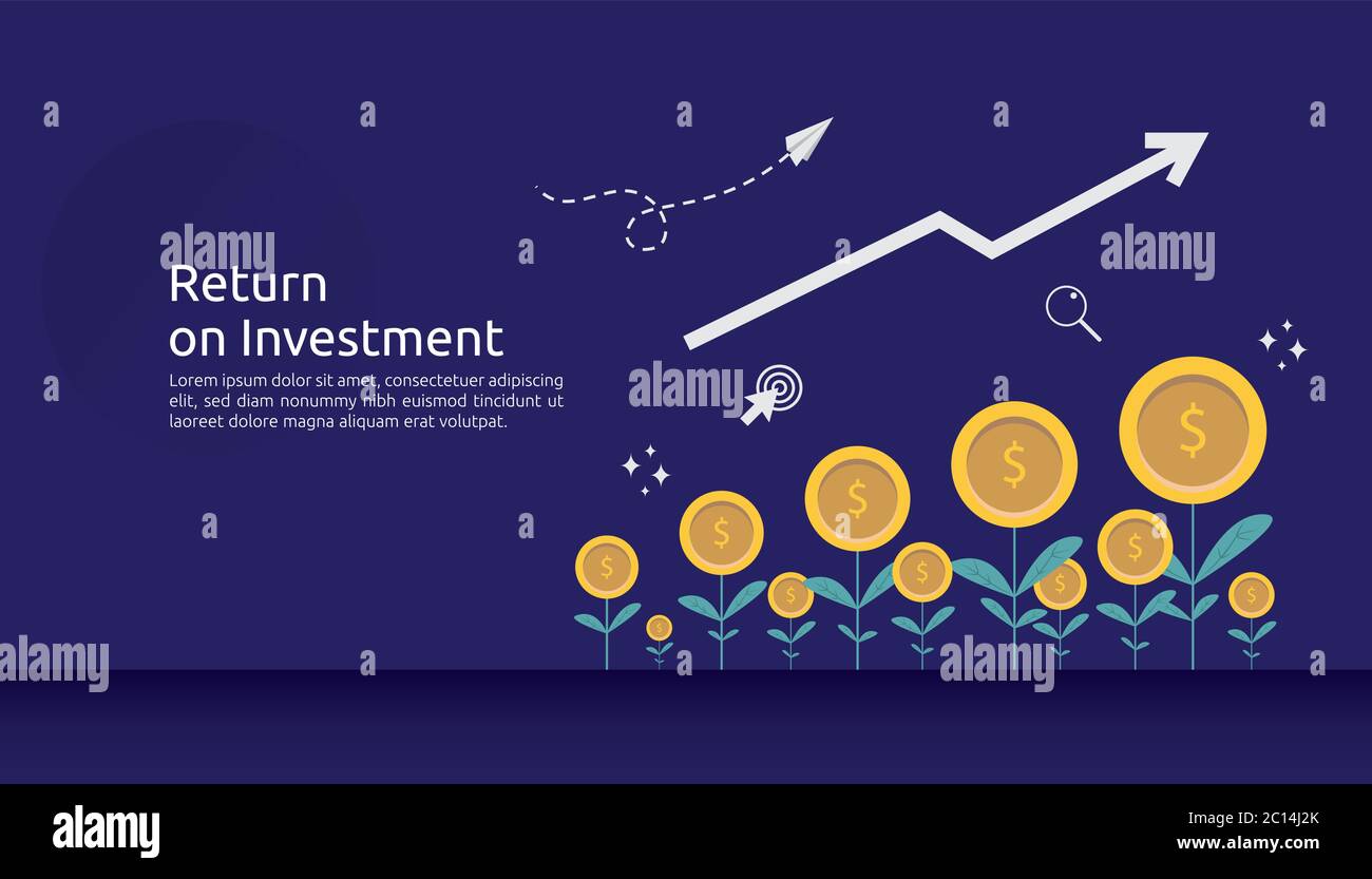 ROI dell'investimento di ritorno o concetto di finanza di affari di crescita. Aumento di profitto che allunga in su. Vettore di stile piatto illustrazione dei dati di mercato Illustrazione Vettoriale