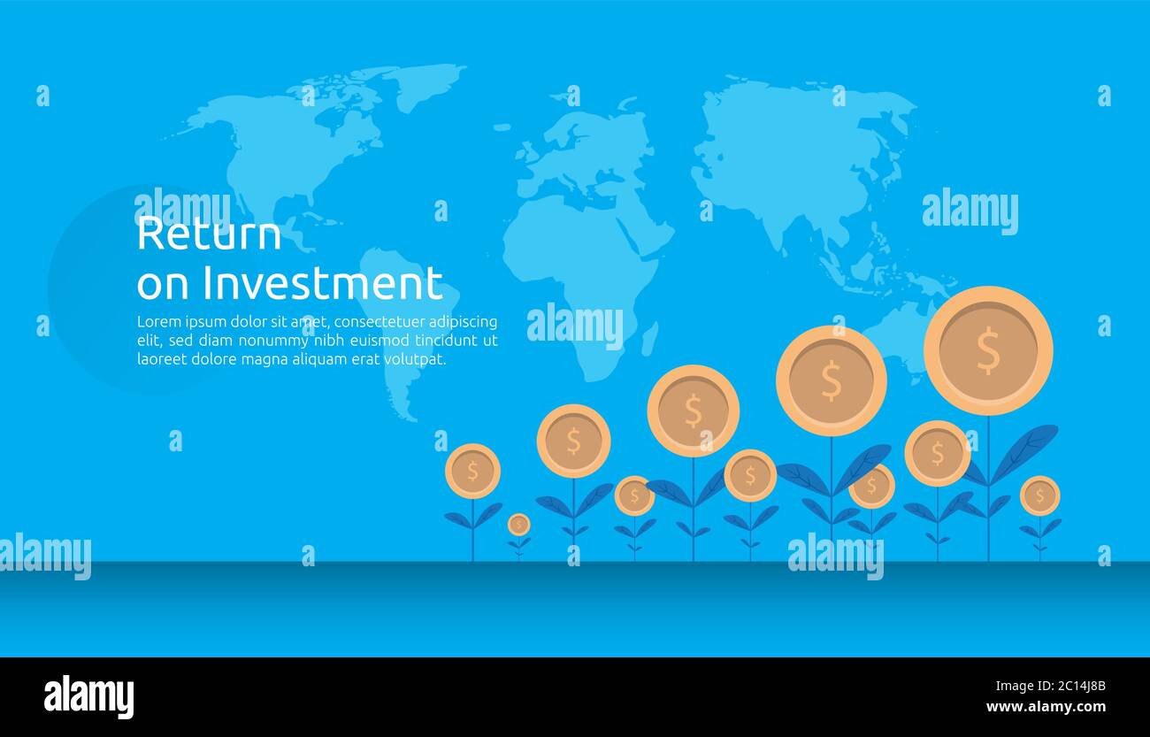 ROI dell'investimento di ritorno o concetto di finanza di affari di crescita. Aumento di profitto che allunga in su. Vettore di stile piatto illustrazione dei dati di mercato Illustrazione Vettoriale