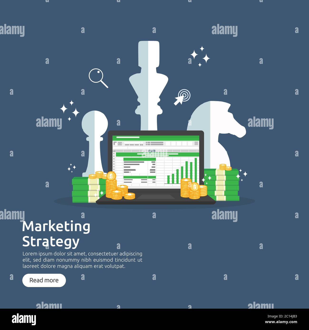 strategia di marketing, analisi finanziaria aziendale audit con grafici grafici. Concetto di ROI del ritorno sugli investimenti. Aumento dell'allungamento dei profitti in aumento. Banner Illustrazione Vettoriale
