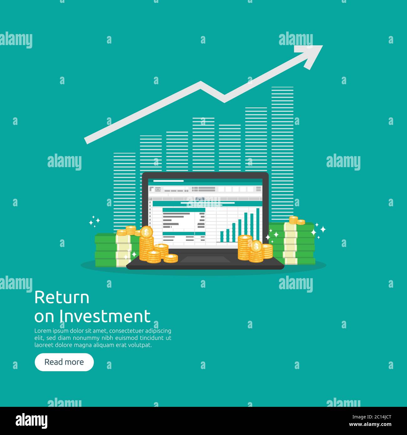Analisi dei dati SEO, foglio di calcolo su schermo. Analisi finanziaria aziendale audit con grafici. Concetto di ROI del ritorno sugli investimenti. Aumento dei profitti Illustrazione Vettoriale