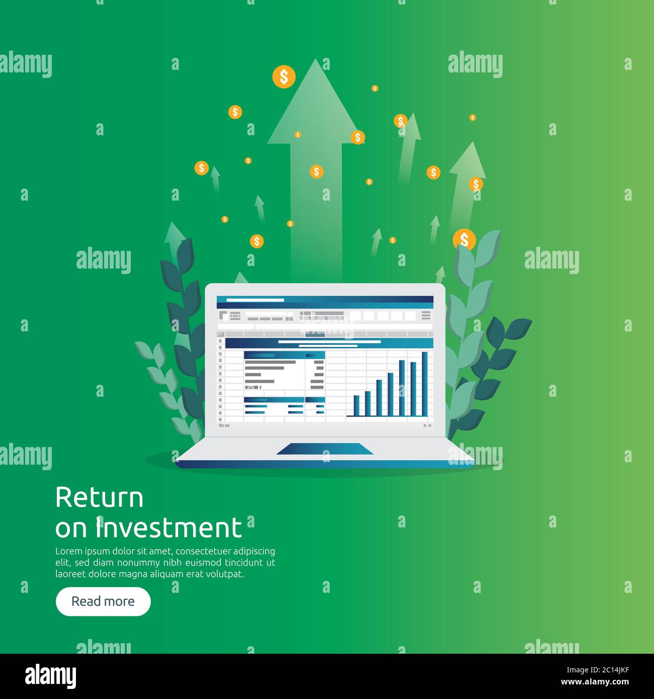 Analisi dei dati SEO, foglio di calcolo su schermo. Analisi finanziaria aziendale audit con grafici. Concetto di ROI del ritorno sugli investimenti. Aumento dei profitti Illustrazione Vettoriale